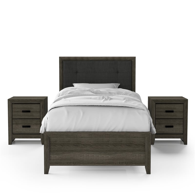 Bowery Hill 3-Piece Transitional Wood Bedroom Set - Twin + 2 Nightstands in Gray
