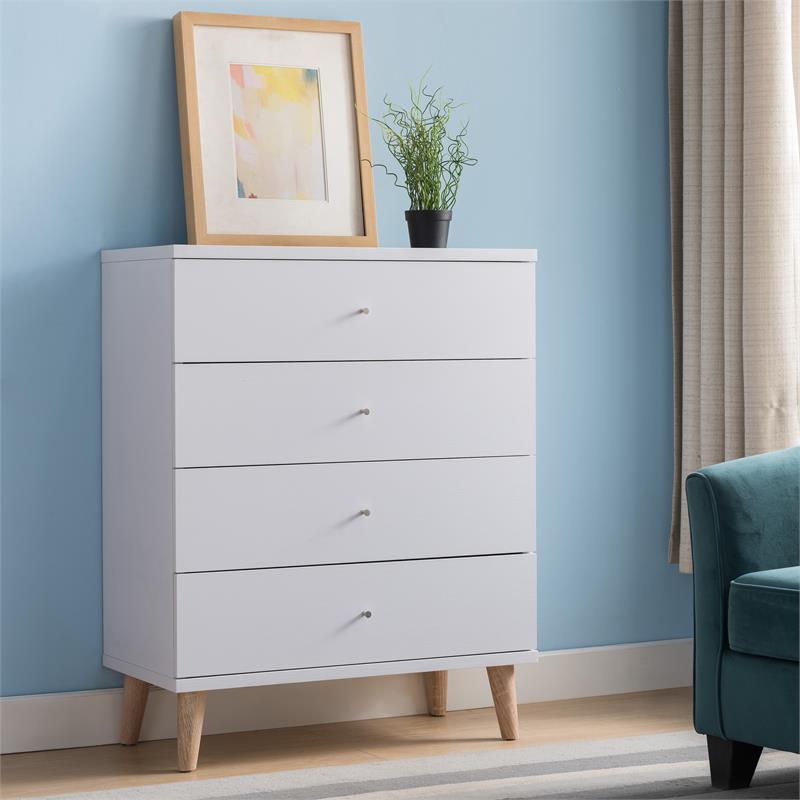 Bowery Hill Mid-Century Modern Wood 4-Drawer Chest in White Finish