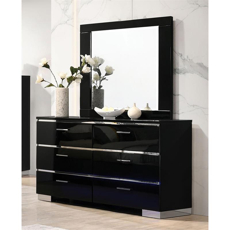 Bowery Hill 6pc Wood Bedroom Set-Queen+Nightstands+Chest+Dresser+Mirror in Black