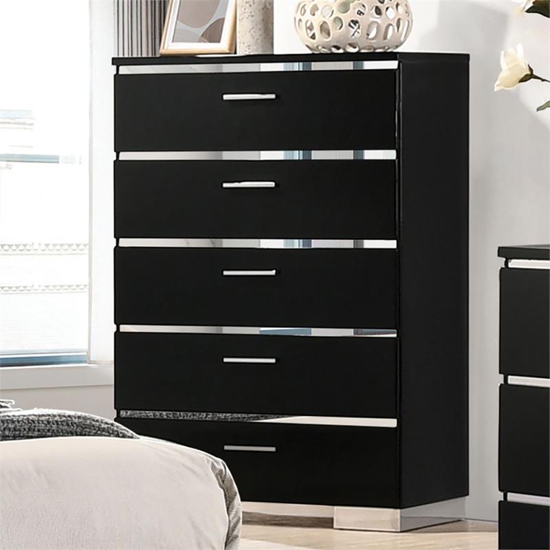 Bowery Hill 6pc Wood Bedroom Set-Queen+Nightstands+Chest+Dresser+Mirror in Black