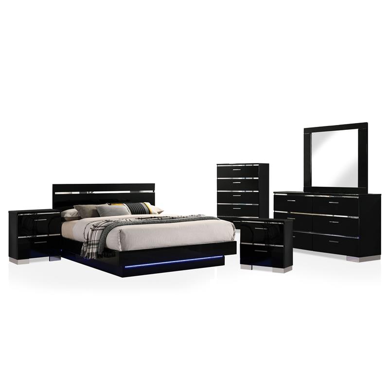 Bowery Hill 6pc Wood Bedroom Set-Queen+Nightstands+Chest+Dresser+Mirror in Black