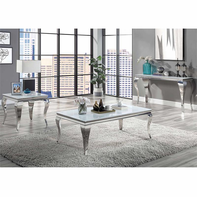 Bowery Hill Modern Glass Top End Table in White and Silver Finish