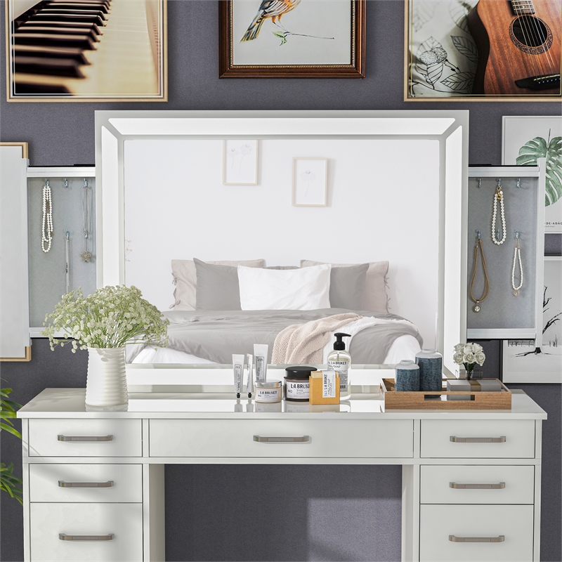 Bowery Hill Olive White Wood Vanity Mirror with LED Lights Finish