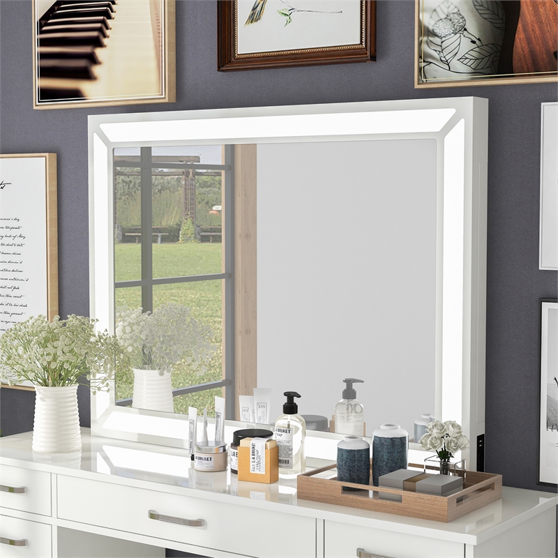 Bowery Hill Olive White Wood Vanity Mirror with LED Lights Finish