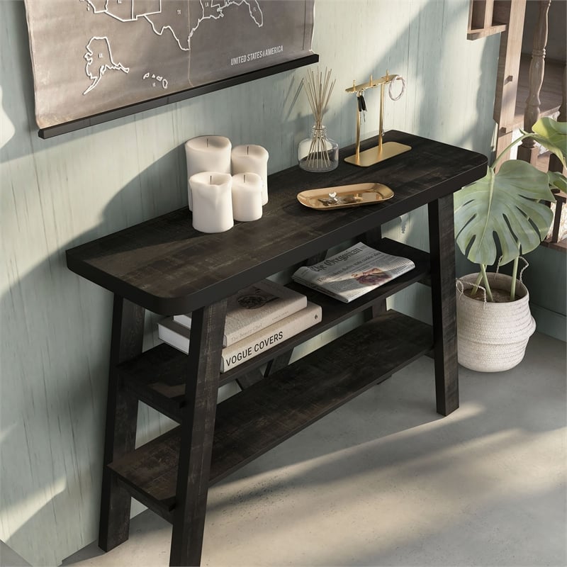 Bowery Hill 2-Shelf Farmhouse Wood Console Table in Reclaimed Black Oak