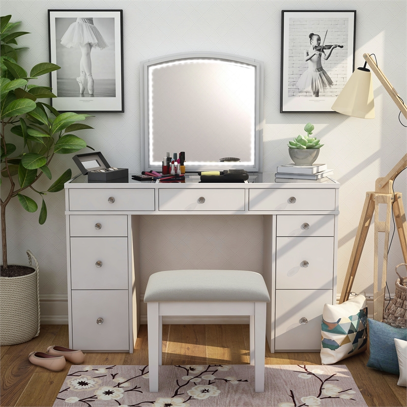 Bowery Hill Modern Solid Wood 3-Piece Vanity Set in White Finish