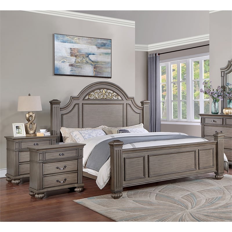 Bowery Hill 3pc Solid Wood Panel Bedroom Set - Queen + 2 Nightstands in Gray