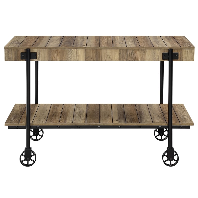 Bowery Hill Oak Console Table with Metal Black Wheels Finish