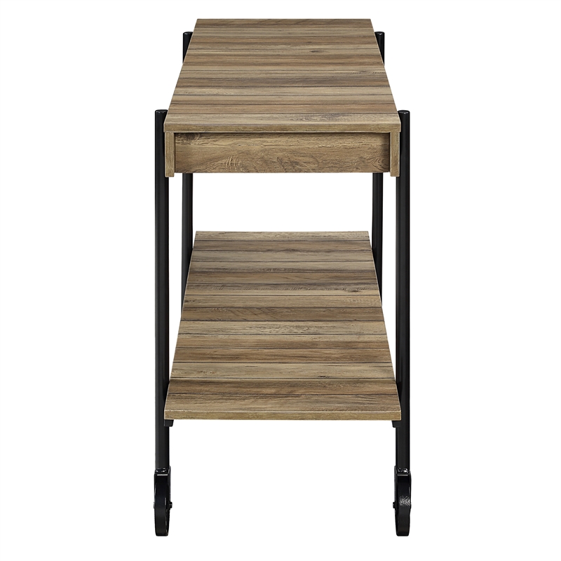 Bowery Hill Oak Console Table with Metal Black Wheels Finish