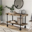 Bowery Hill Oak Console Table with Metal Black Wheels Finish