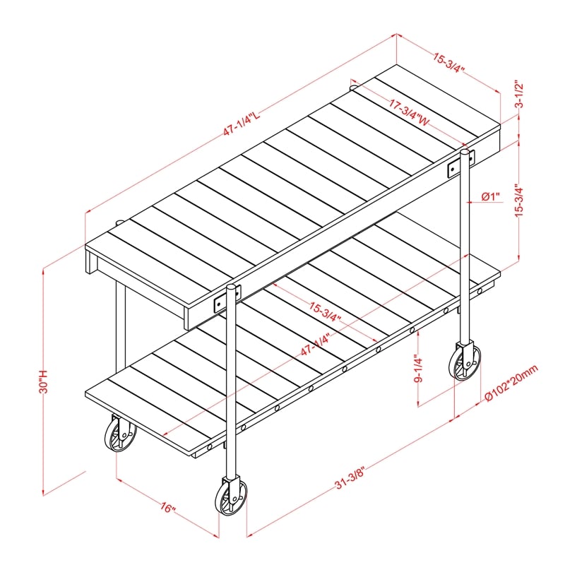 Bowery Hill Oak Console Table with Metal Black Wheels Finish