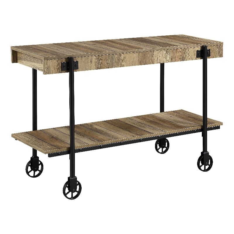 Bowery Hill Oak Console Table with Metal Black Wheels Finish
