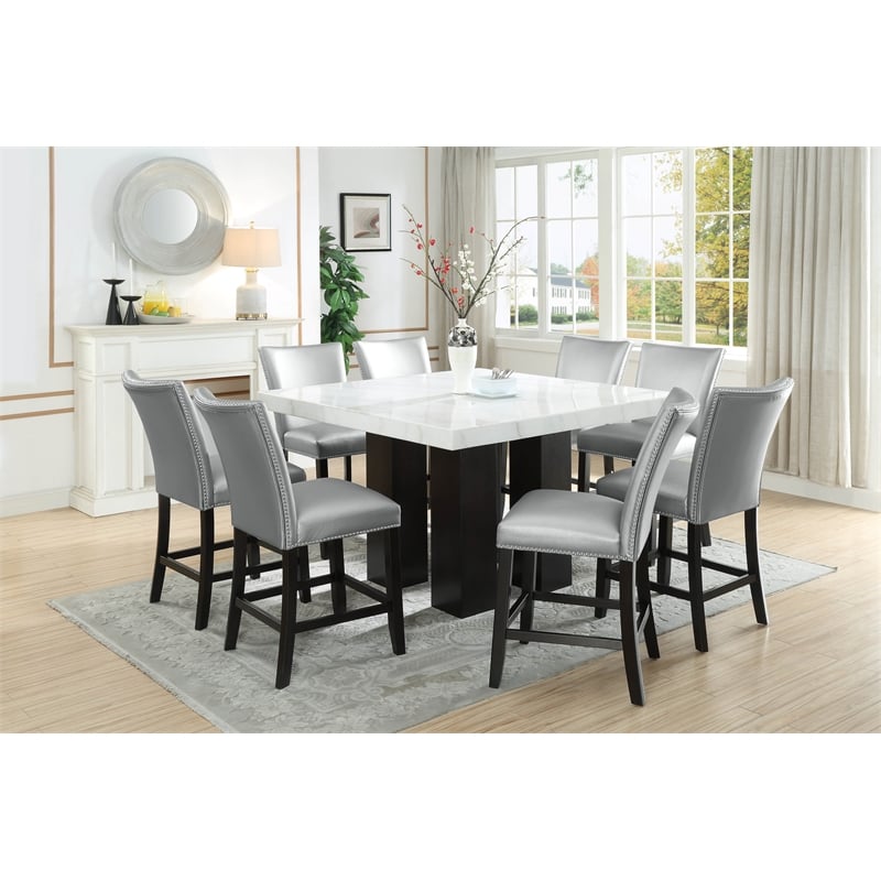 Bowery Hill Modern White Finish Marble Square Counter Height Table