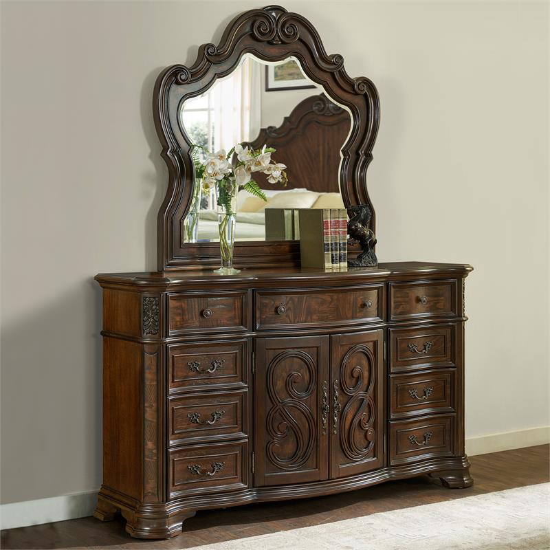 Bowery Hill Traditional Royale Brown Cherry 9-Drawer Dresser and Mirror