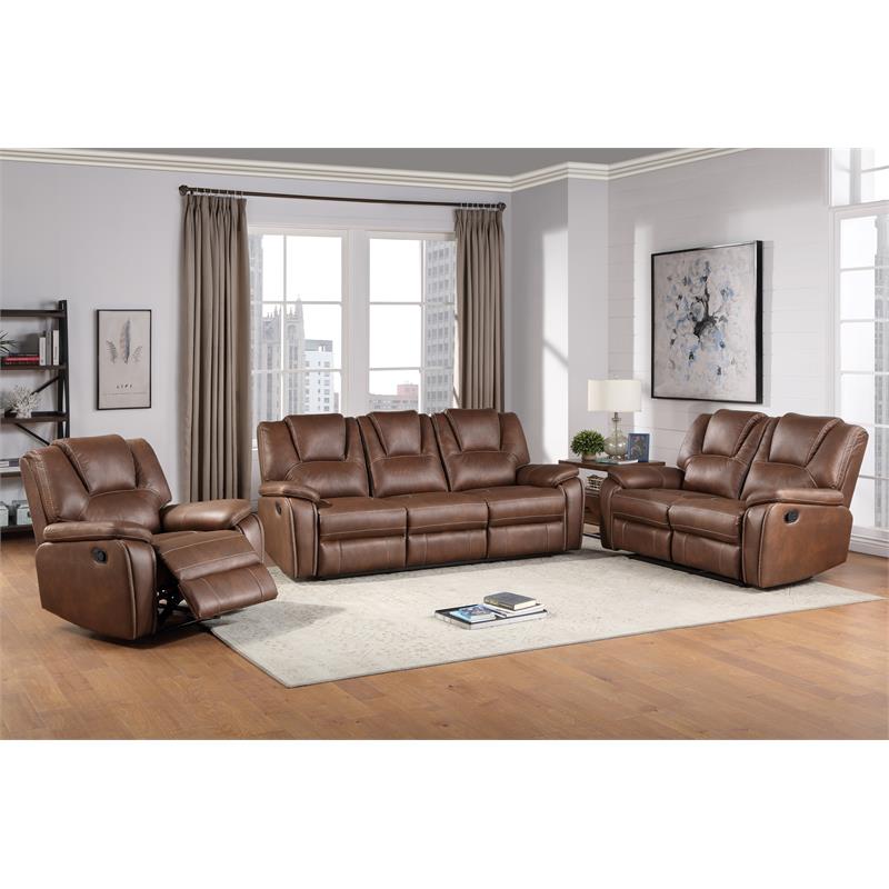 Bowery Hill Transitional Brown Faux Leather Reclining 3-Piece Living Room Set