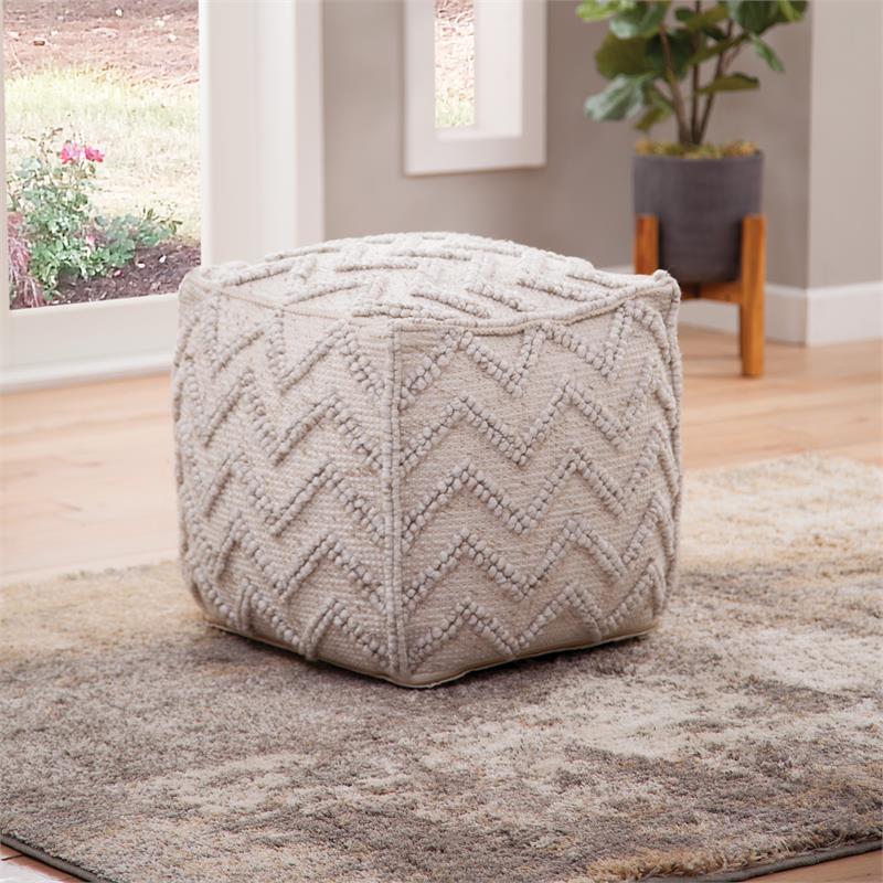 Bowery Hill Transitional Square Zigzag Handwoven Ivory Wool Pouf