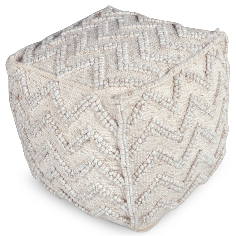 Bowery Hill Transitional Square Zigzag Handwoven Ivory Wool Pouf