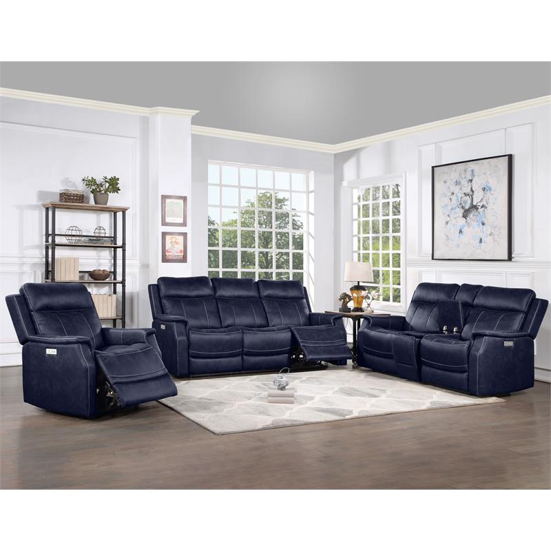 Bowery Hill Ocean Blue Faux Leather Dual Power Reclining Console Loveseat
