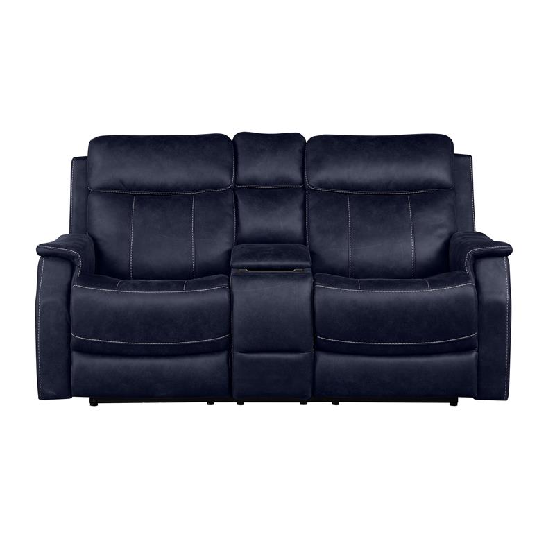 Bowery Hill Ocean Blue Faux Leather Dual Power Reclining Console Loveseat