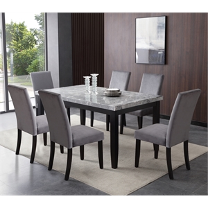 Bowery Hill Transitional 64&quot Marble Top 7-Piece Dining Set in Gray