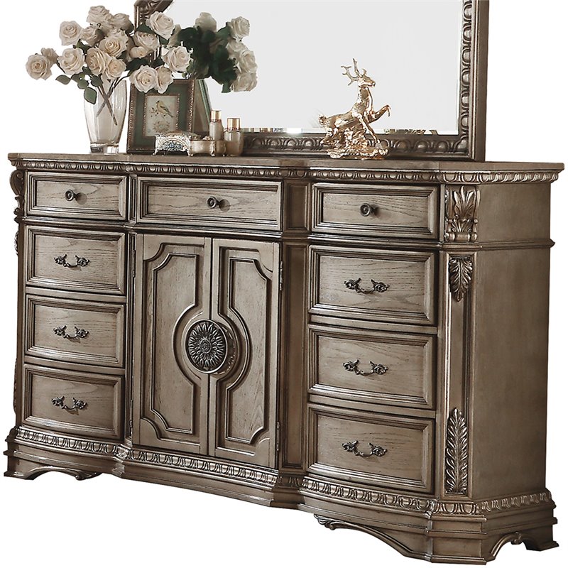 Bowery Hill Traditional Wooden 9 Drawer Dresser in Antique Silver