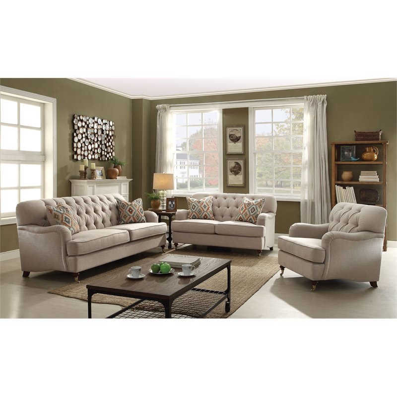 Bowery Hill Traditional Button Tufted Sofa with 2 Pillows in Beige Fabric