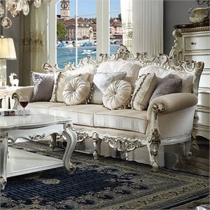 Bowery Hill Traditional Fabric Upholstered Sofa with 7 Pillows in Antique Pearl