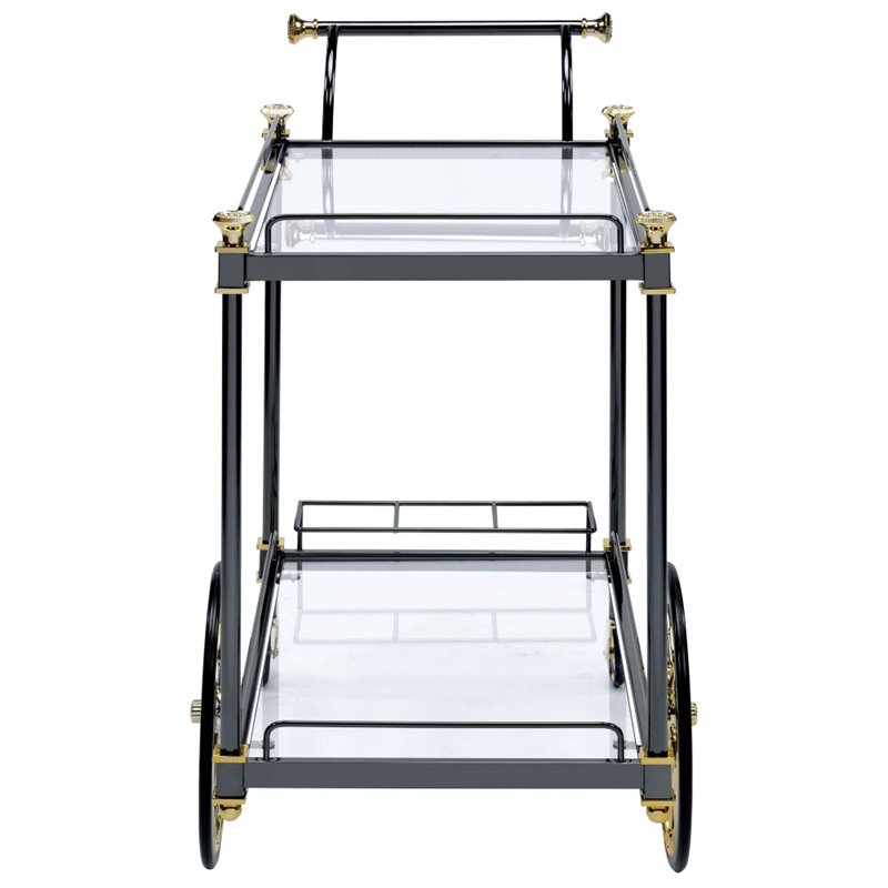 Bowery Hill Rectangular Glass Top Serving Cart with 2 Shelves in Black and Clear