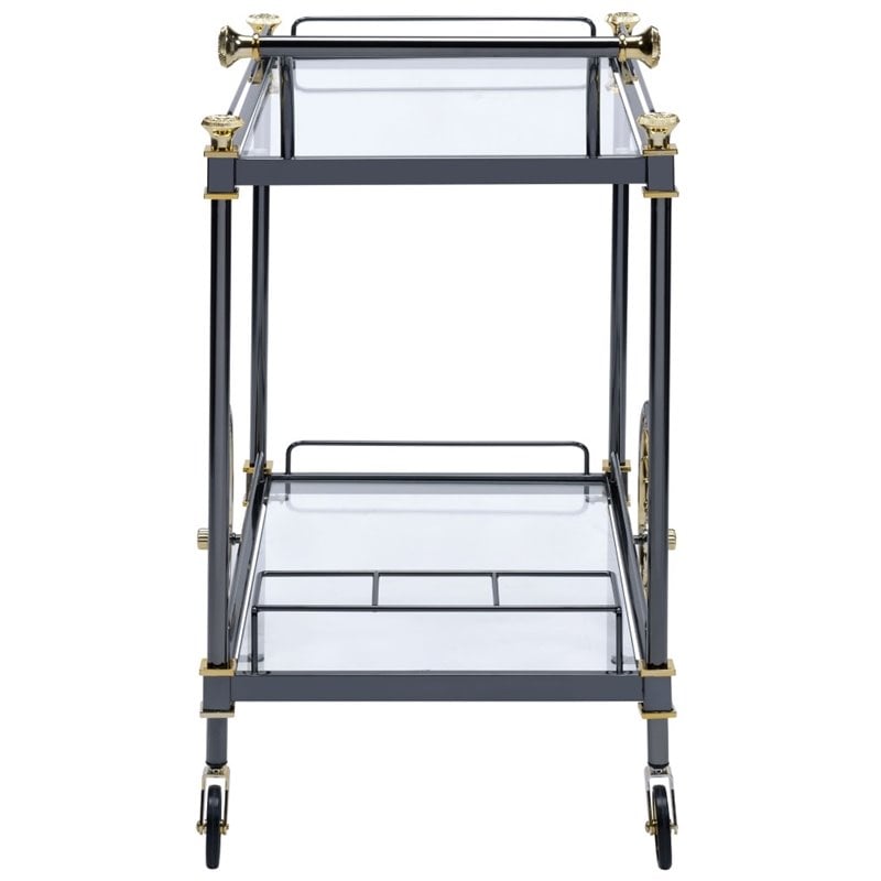 Bowery Hill Rectangular Glass Top Serving Cart with 2 Shelves in Black and Clear