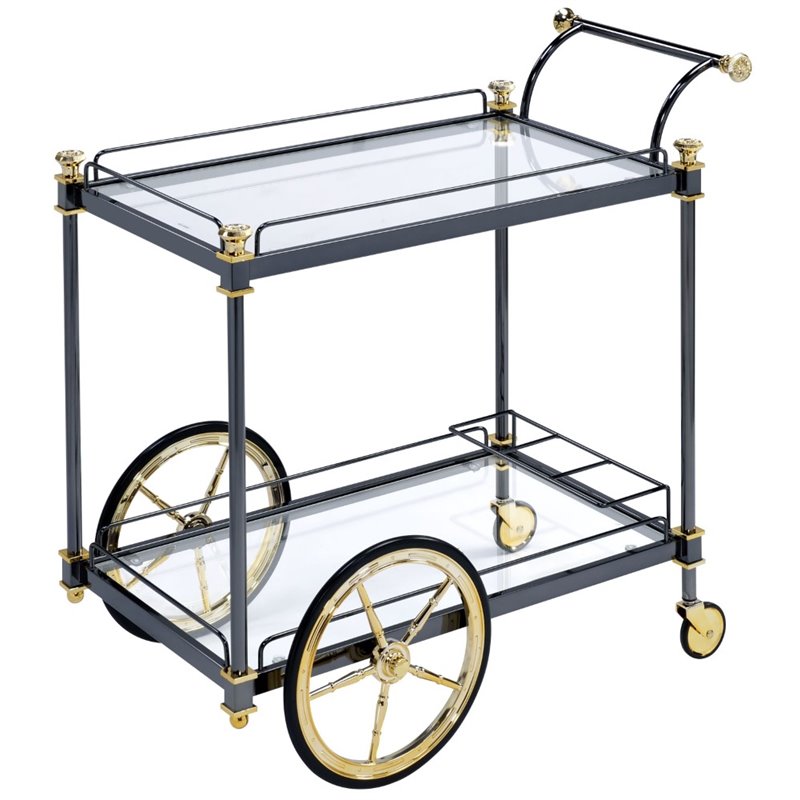 Bowery Hill Rectangular Glass Top Serving Cart with 2 Shelves in Black and Clear