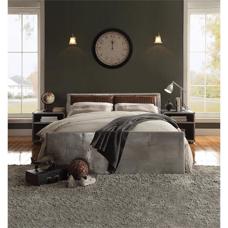 Bowery Hill Leather Queen Platform Bed with Storage in Retro Brown and Gray