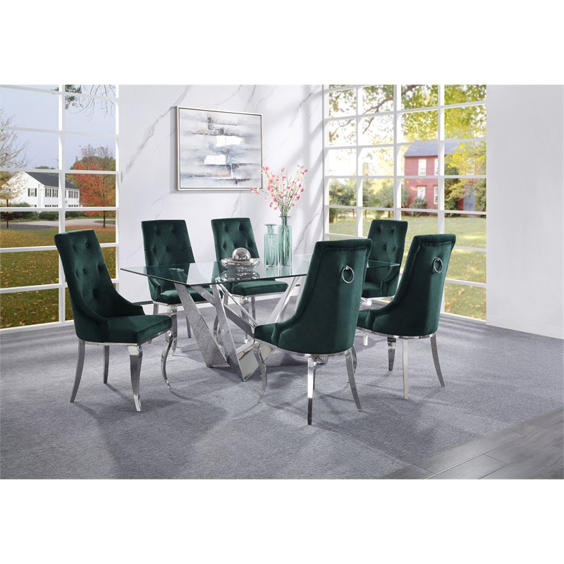 Bowery Hill Glam Side Chair (Set-2) in Green Fabric and Stainless Steel