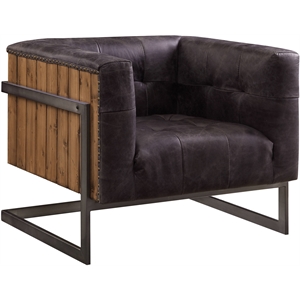 bowery hill top grain leather accent chair in antique ebony and rustic oak
