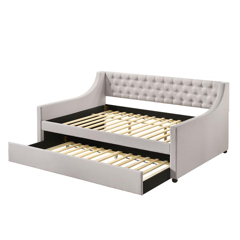 Bowery Hill Tufted Upholstered Full Daybed and Twin Trundle in Beige Fabric