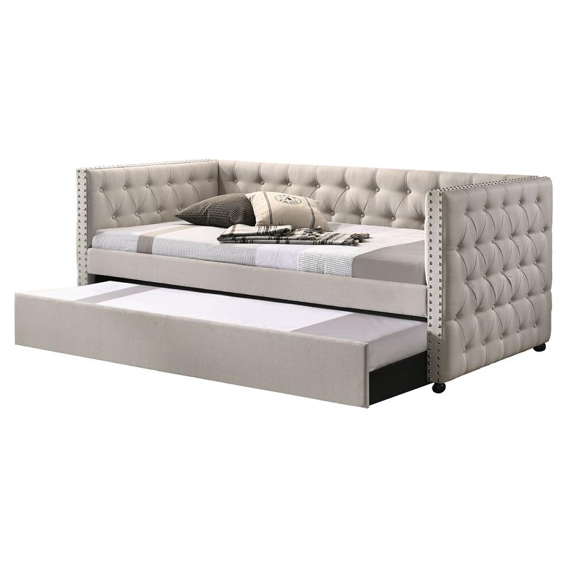 Bowery Hill Button Tufted Fabric Upholstered Full Daybed and Trundle in Beige