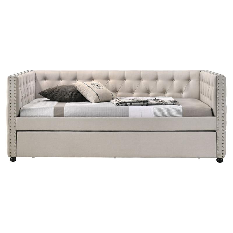 Bowery Hill Button Tufted Fabric Upholstered Full Daybed and Trundle in Beige