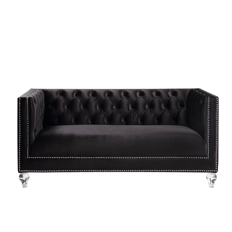 Bowery Hill Button Tufted Velvet Upholstered Loveseat with 2 Pillows in Black