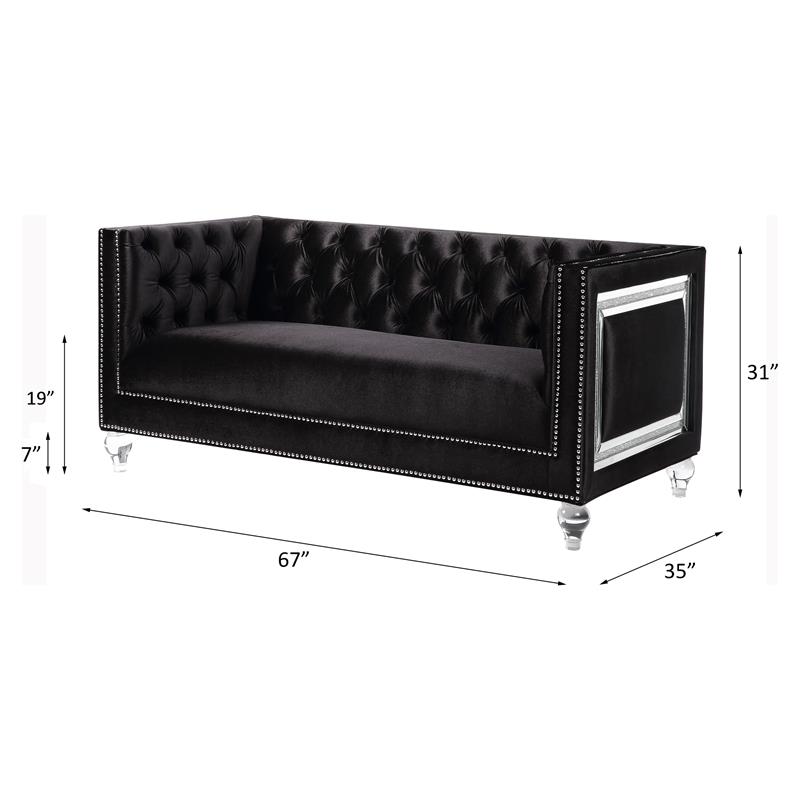 Bowery Hill Button Tufted Velvet Upholstered Loveseat with 2 Pillows in Black