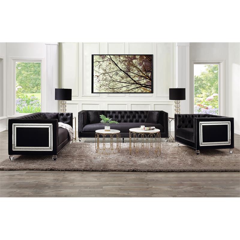 Bowery Hill Button Tufted Velvet Upholstered Loveseat with 2 Pillows in Black