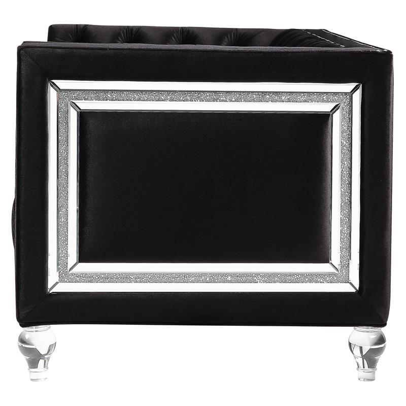 Bowery Hill Button Tufted Velvet Upholstered Loveseat with 2 Pillows in Black