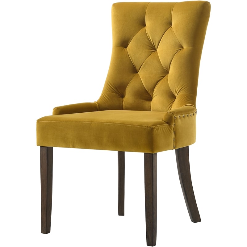 Bowery Hill Transitional Tufted Upholsterd Side Chair in Yellow and Espresso