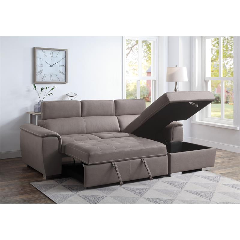 Bowery Hill Sleeper Sectional Sofa with Storage in Light Brown Fabric