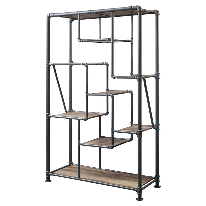 Bowery Hill Industrial Rectangular Metal Bookshelf in Antique Oak and Sandy Gray