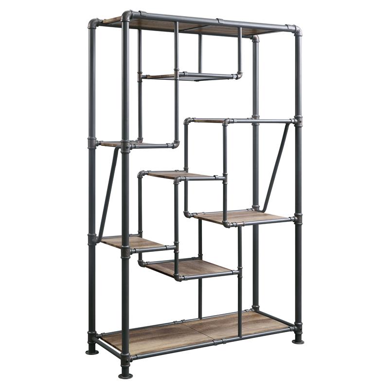 Bowery Hill Industrial Rectangular Metal Bookshelf in Antique Oak and Sandy Gray