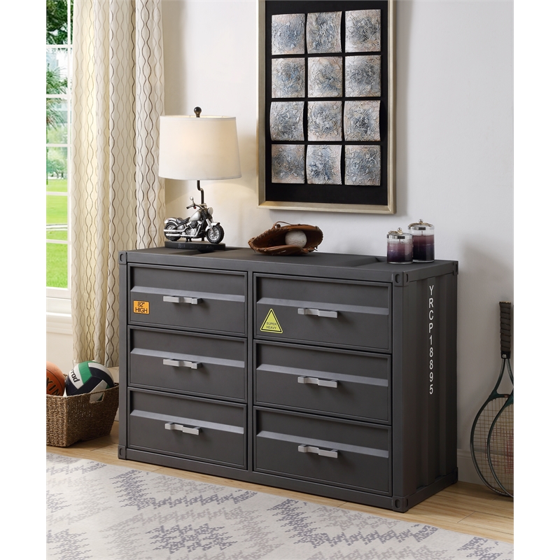 Bowery Hill Cargo Container Style Rectangular 6-Drawer Dresser in Gunmetal Metal