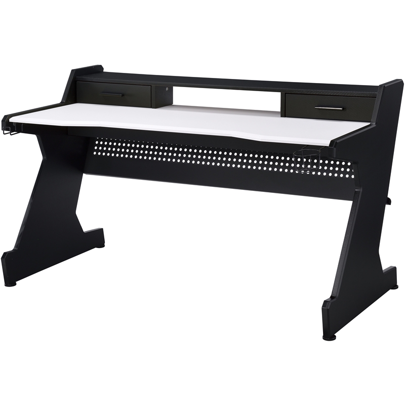 Bowery Hill Wooden Top 2-Drawer Gaming Table with Metal Frame in Black and White