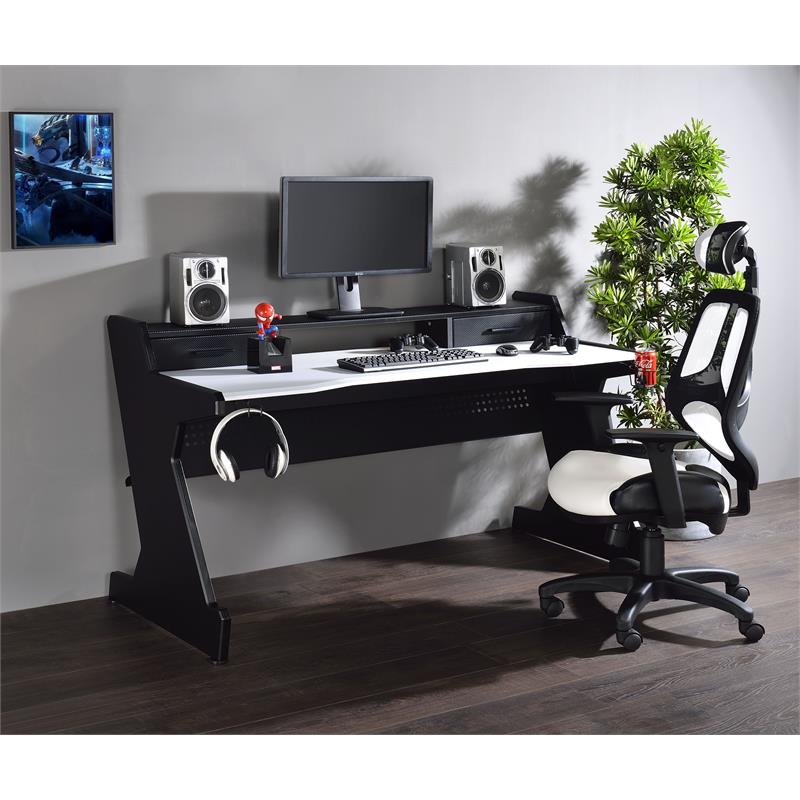 Bowery Hill Wooden Top 2-Drawer Gaming Table with Metal Frame in Black and White