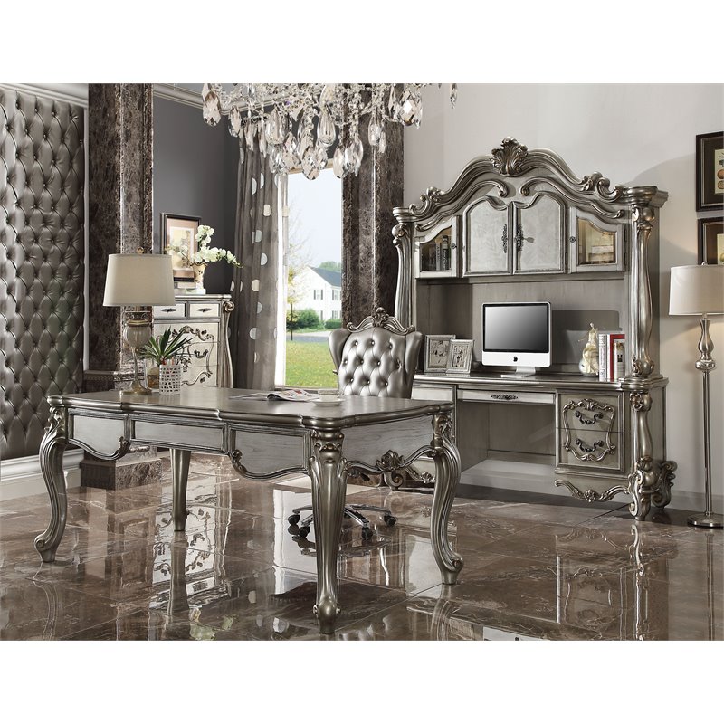 Bowery Hill Traditional Wooden Computer Desk and Hutch in Antique Platinum Gray