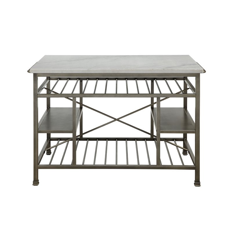 Bowery Hill Modern Kitchen Island in Marble and Antique Pewter