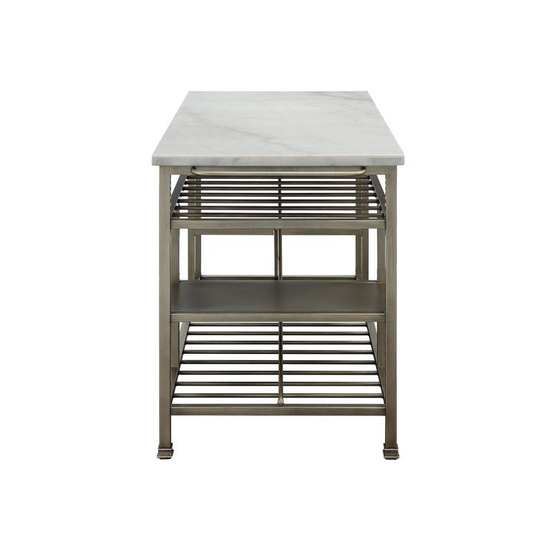 Bowery Hill Modern Kitchen Island in Marble and Antique Pewter